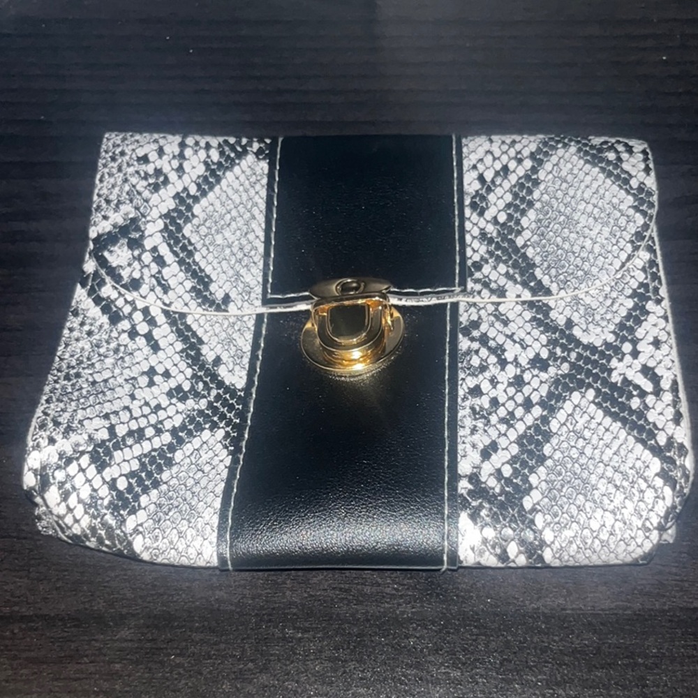 Black and White With Gold Latch Faux Snakeskin Clutch